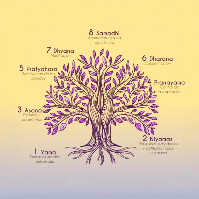 Los 8 pasos del yoga: YAMA, NIYAMA, ASANA, PRANAYAMA, PRATYAHARA, DHARANA, DHYANA, SAMADHI