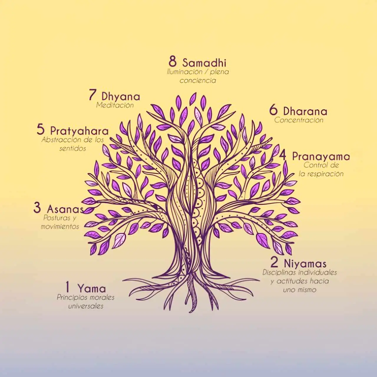 Los 8 pasos del yoga: YAMA, NIYAMA, ASANA, PRANAYAMA, PRATYAHARA, DHARANA, DHYANA, SAMADHI